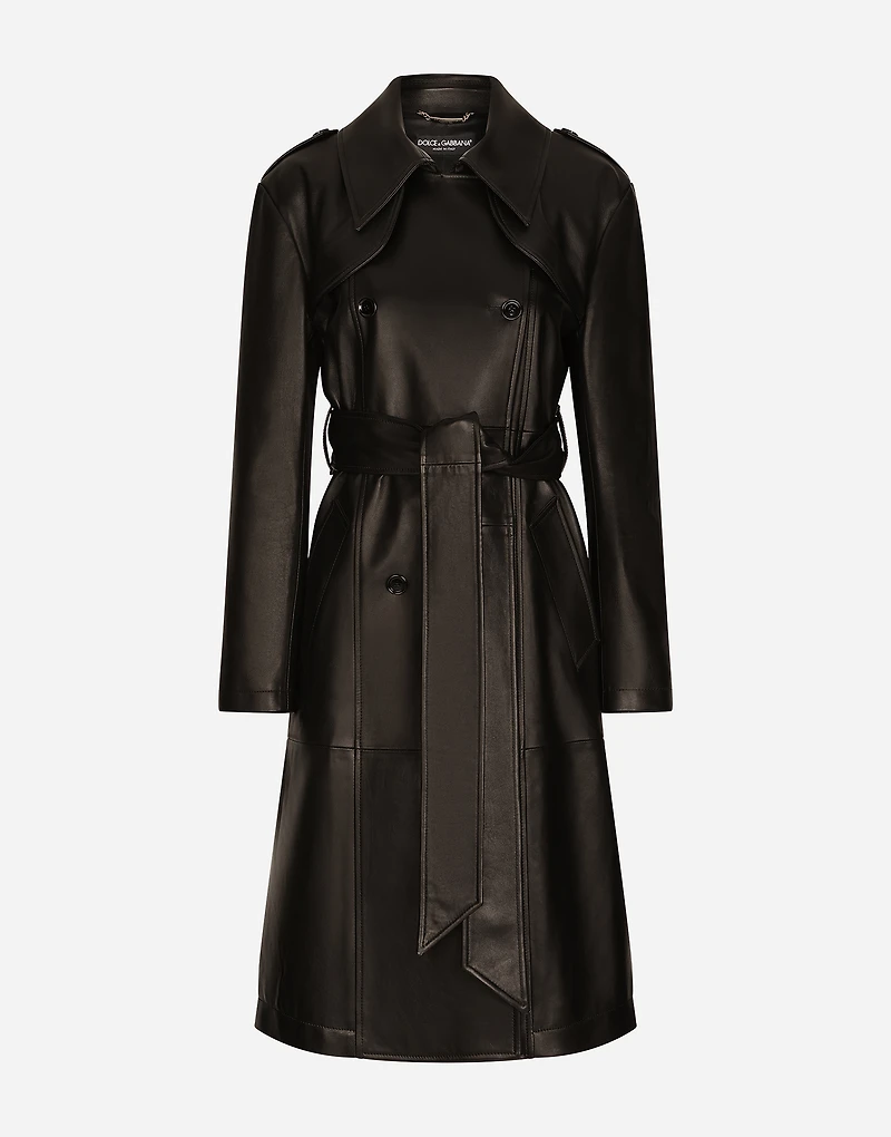 Belted double-breasted leather coat