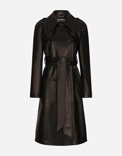 Belted double-breasted leather coat