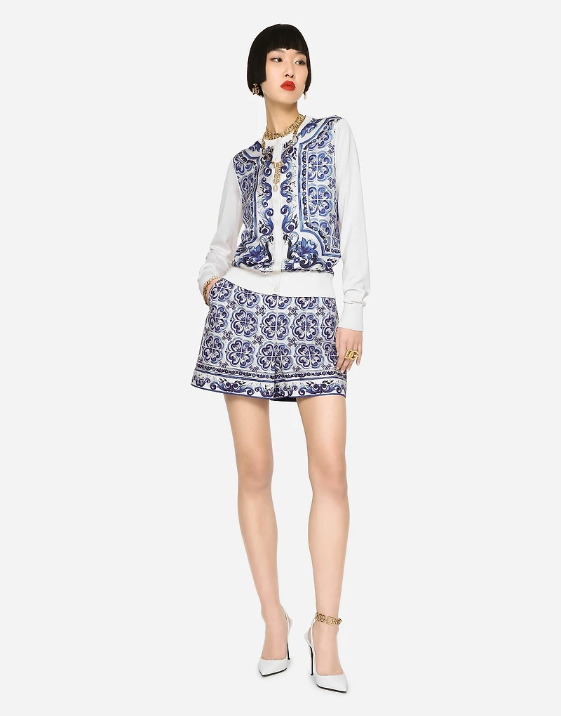Majolica-print silk and twill cardigan