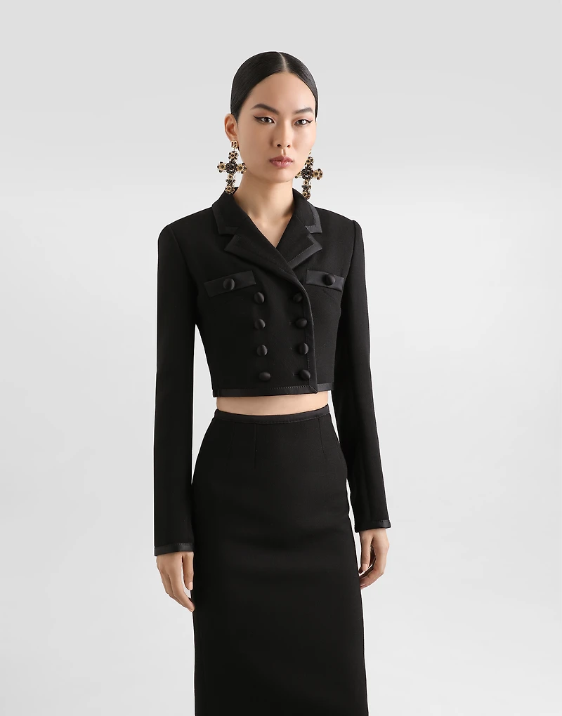 Short double-breasted wool crepe jacket