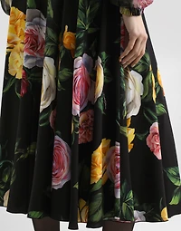Peony and rose-print charmeuse calf-length circle skirt