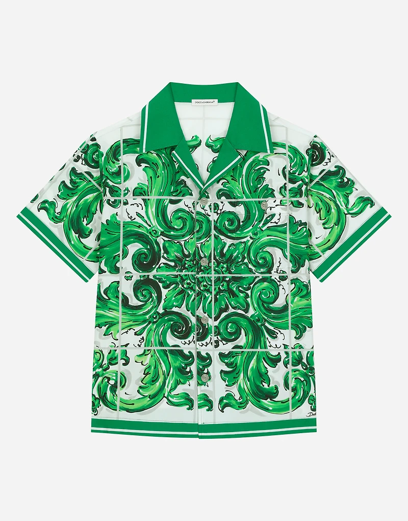 Poplin shirt with green majolica print