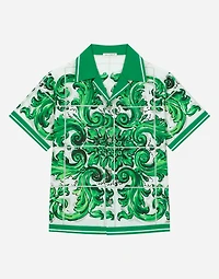 Poplin shirt with green majolica print