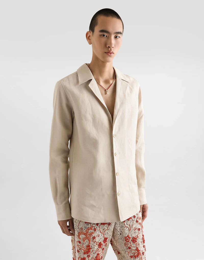 Long-sleeved V-neck shirt linen fabric