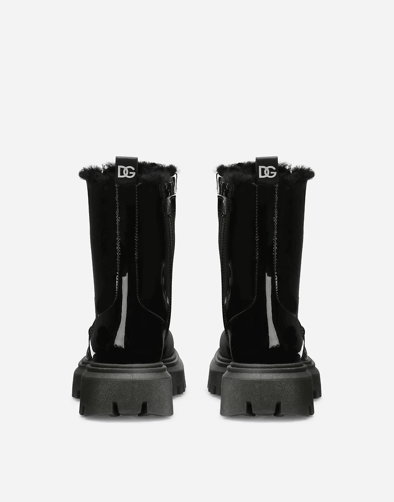 Patent leather combat boots with faux fur lining