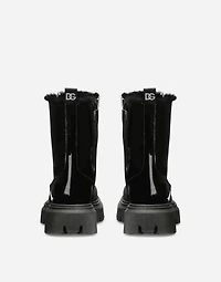 Patent leather combat boots with faux fur lining