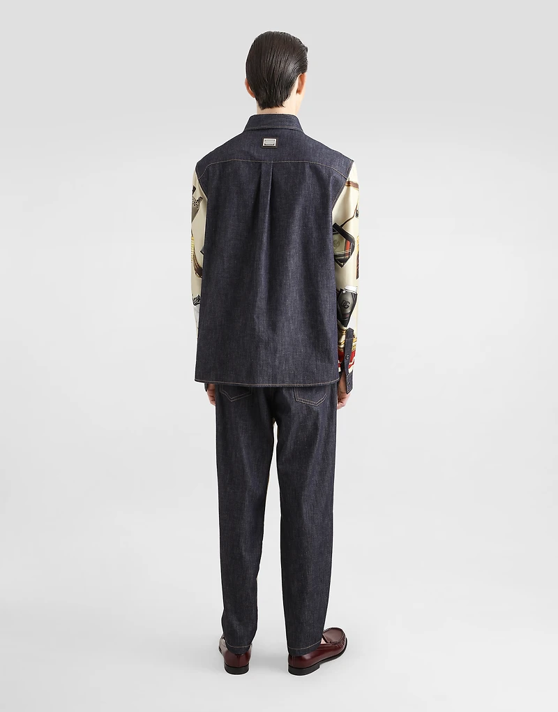 Loose blue denim and silk jeans with lighter print