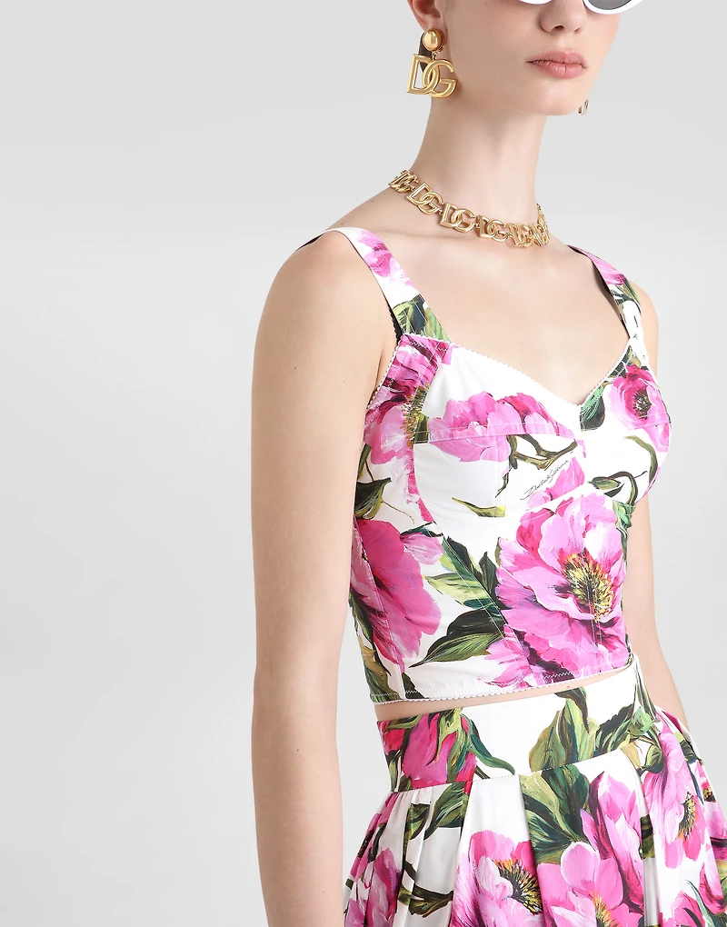 Cotton corset top with peony print