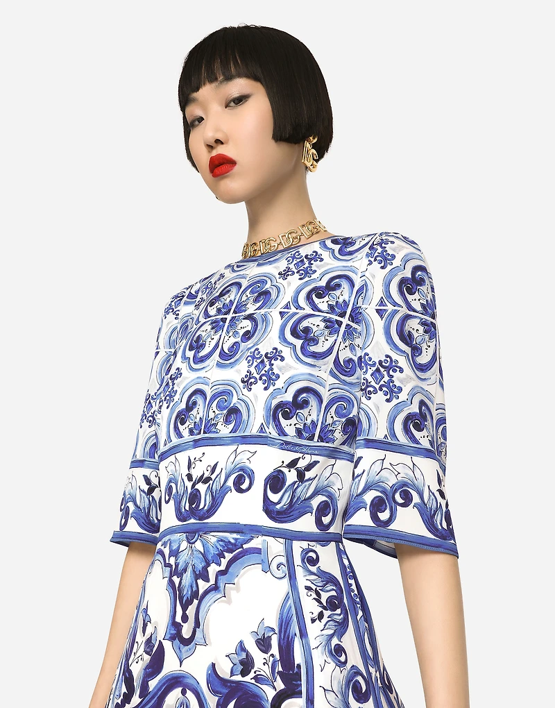 Majolica-print charmeuse midi dress