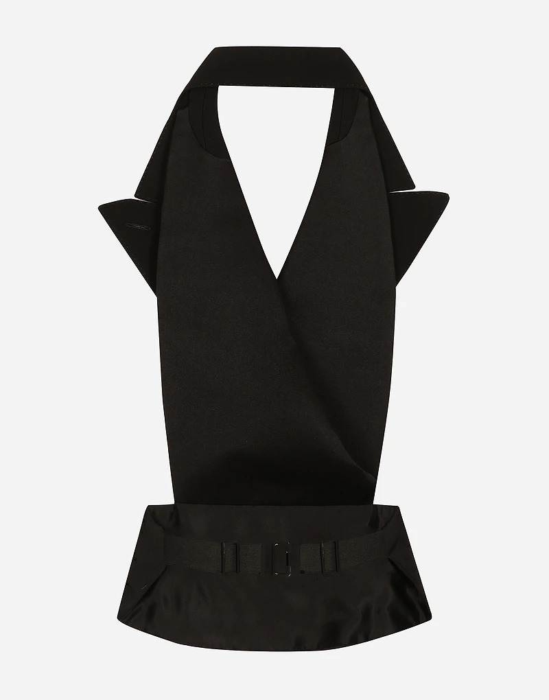 Double-breasted silk satin vest with low neckline on the back