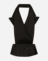 Double-breasted silk satin vest with low neckline on the back