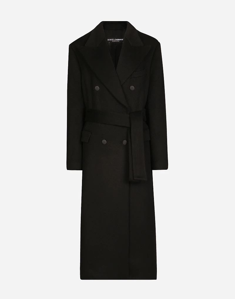 Double-breasted cashmere baize coat with belt