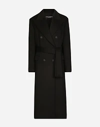 Double-breasted cashmere baize coat with belt