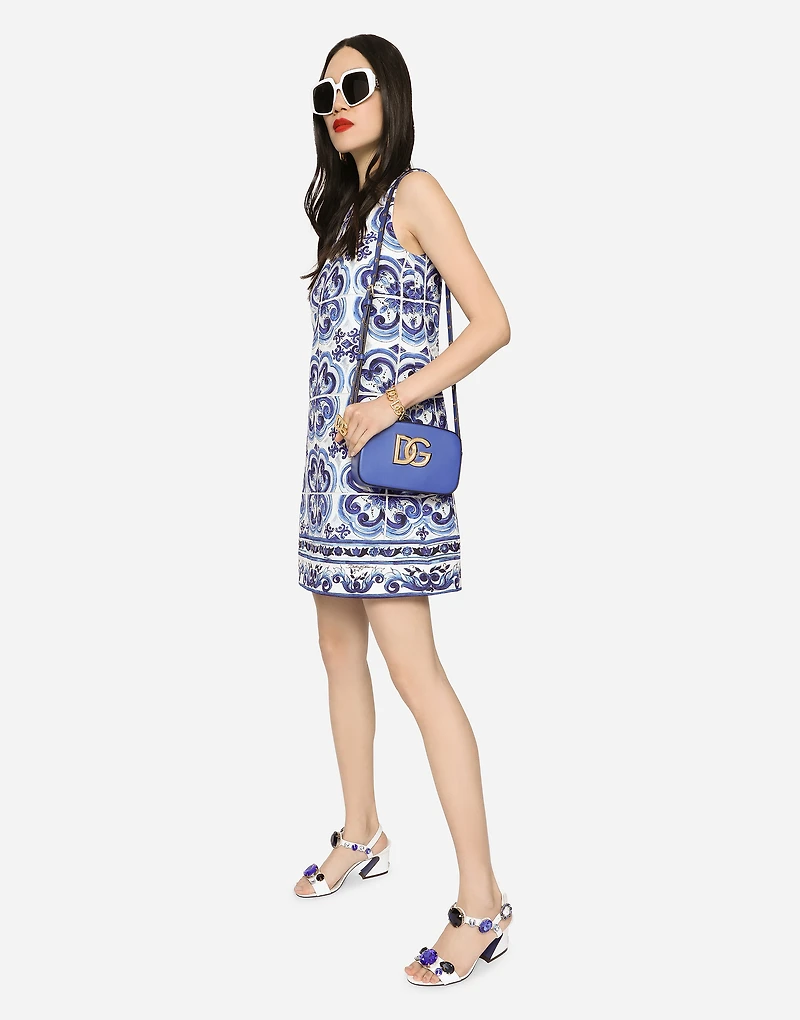 Short majolica-print brocade dress