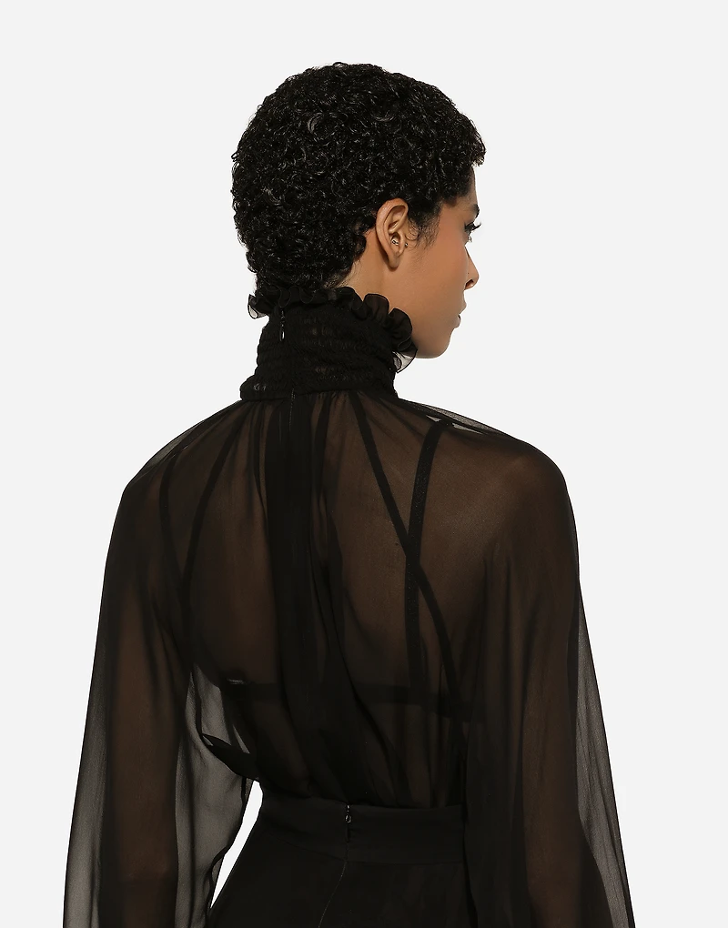Chiffon blouse with smock-stitch detailing
