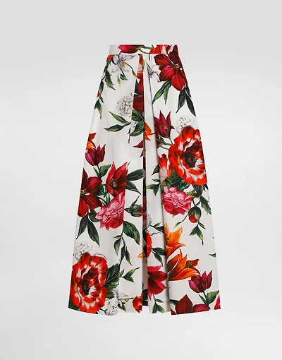 Flower-print pleated poplin skirt