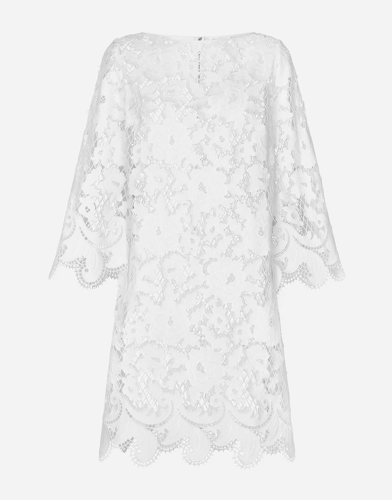 Floaty short cotton dress with floral openwork embroidery
