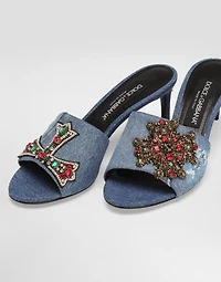 Denim sandals with patches and embroidery