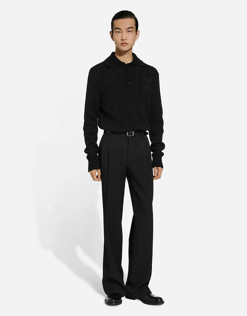 Long-sleeved wool polo-shirt with embroidered logo