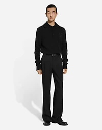 Long-sleeved wool polo-shirt with embroidered logo