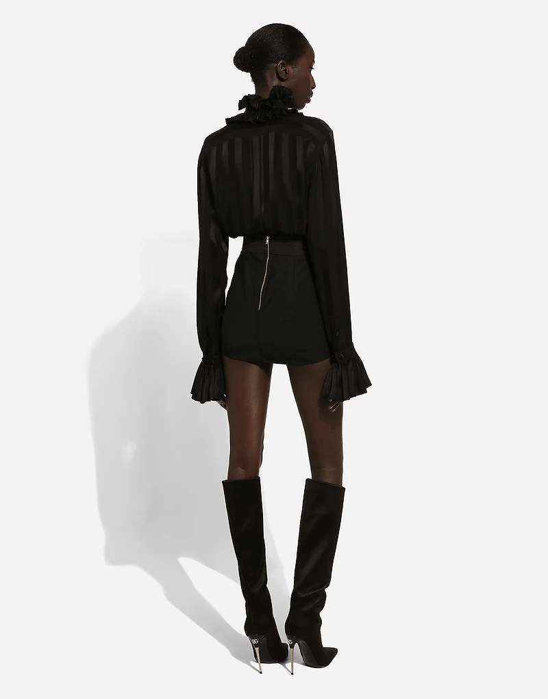 Silk jacquard shirt with pleated cuffs and collar