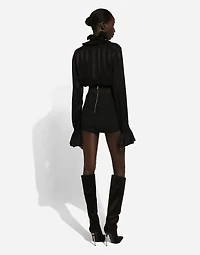 Silk jacquard shirt with pleated cuffs and collar
