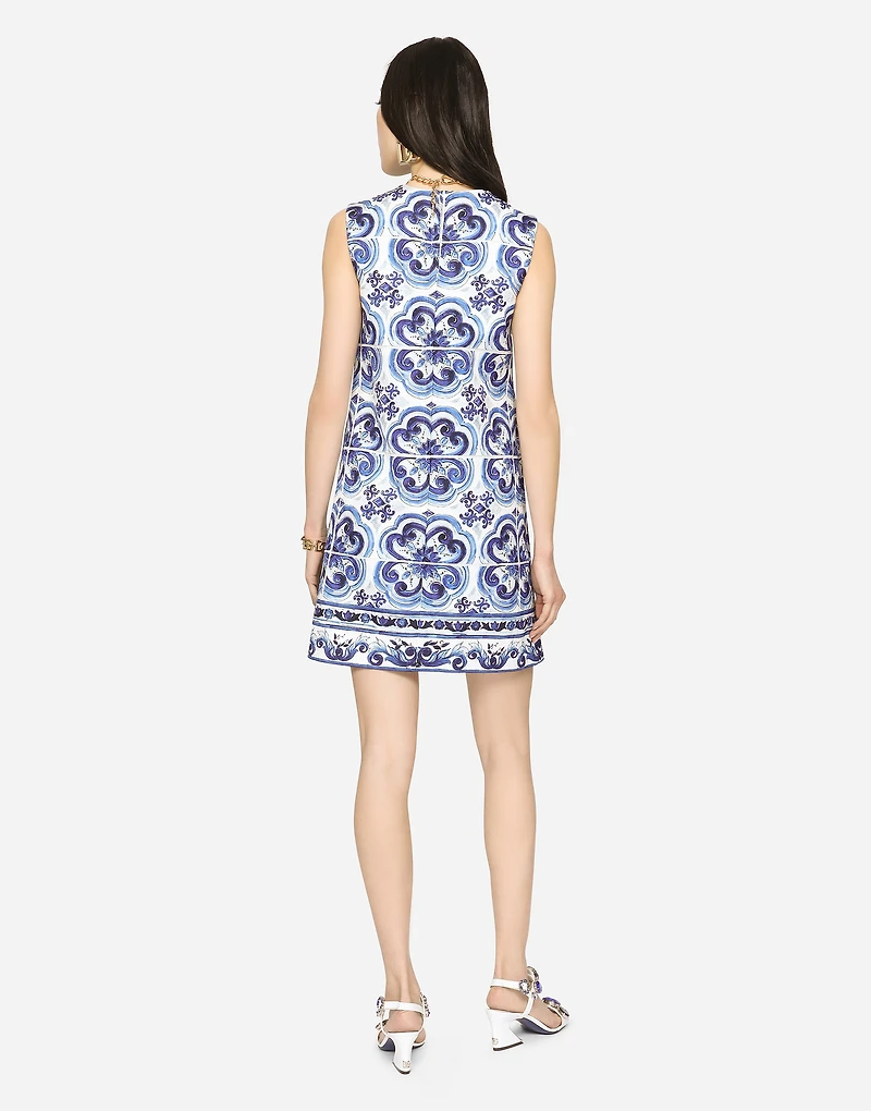 Short majolica-print brocade dress