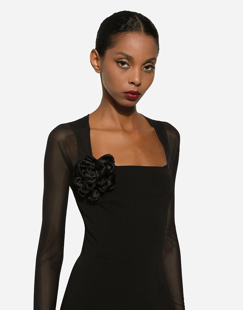 Jersey calf-length dress with tulle sleeves