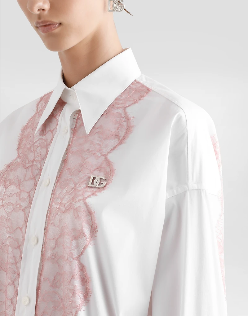 Oversize cotton poplin shirt with lace appliqués