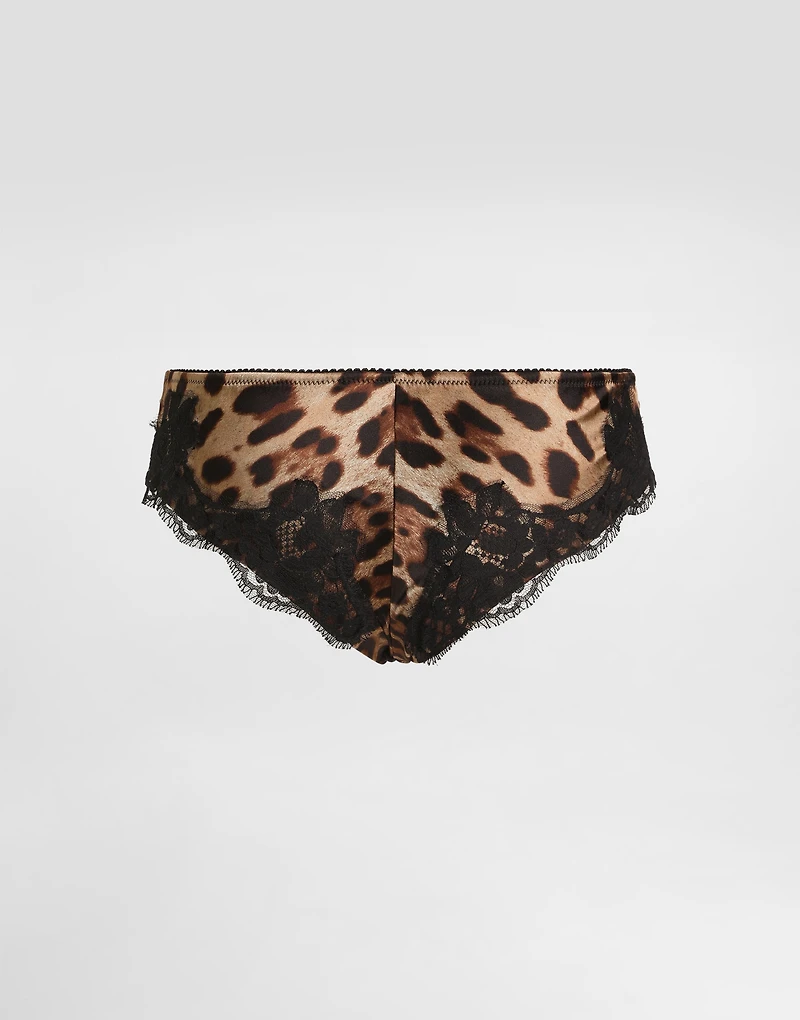 Leopard-print satin briefs with lace detailing