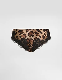 Leopard-print satin briefs with lace detailing