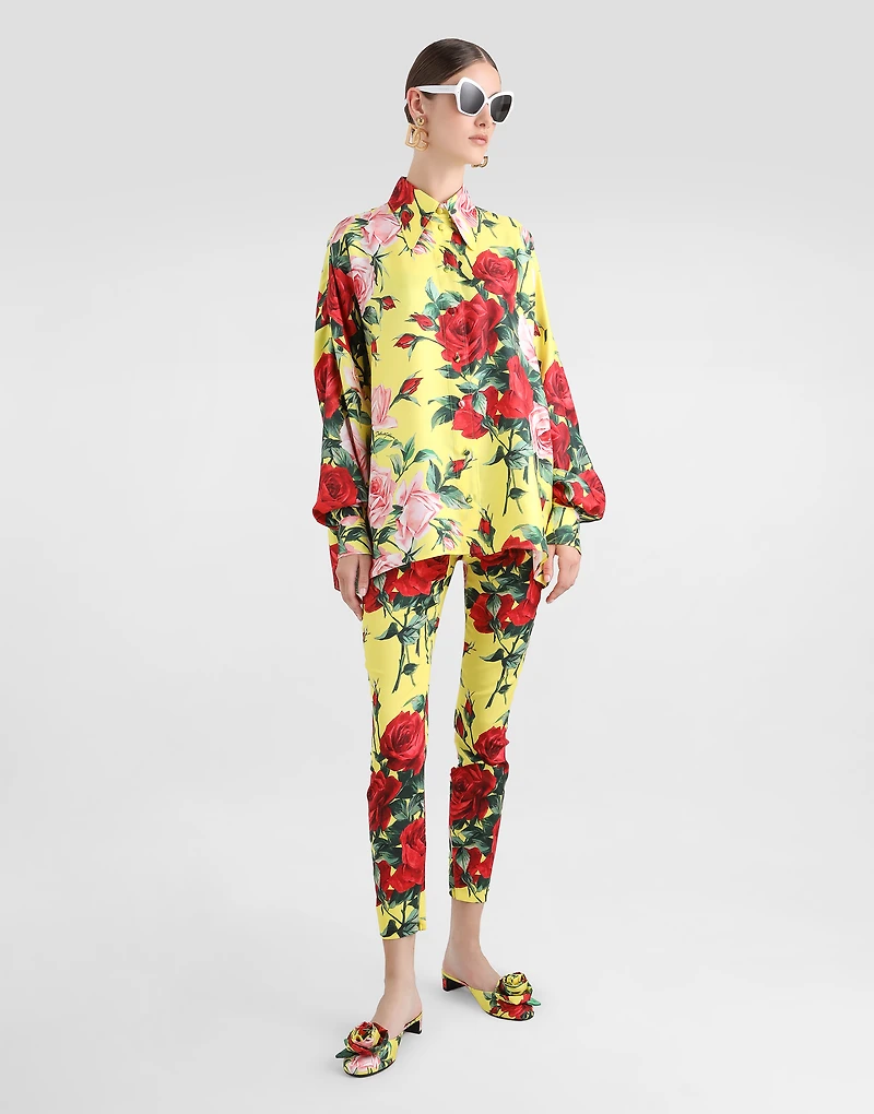 Oversize bouquet-print silk twill shirt
