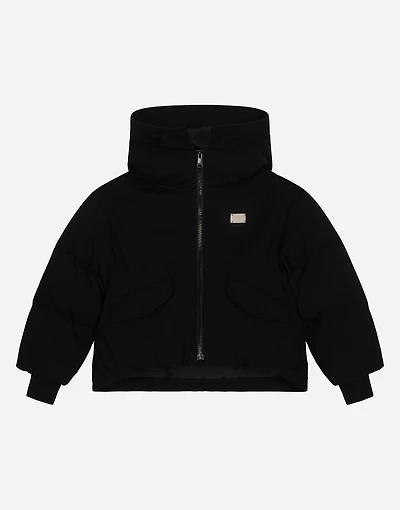 Short jersey down jacket with branded tag