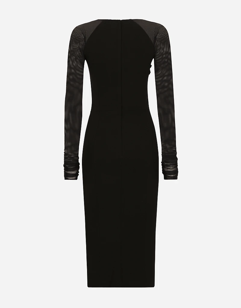 Jersey calf-length dress with tulle sleeves