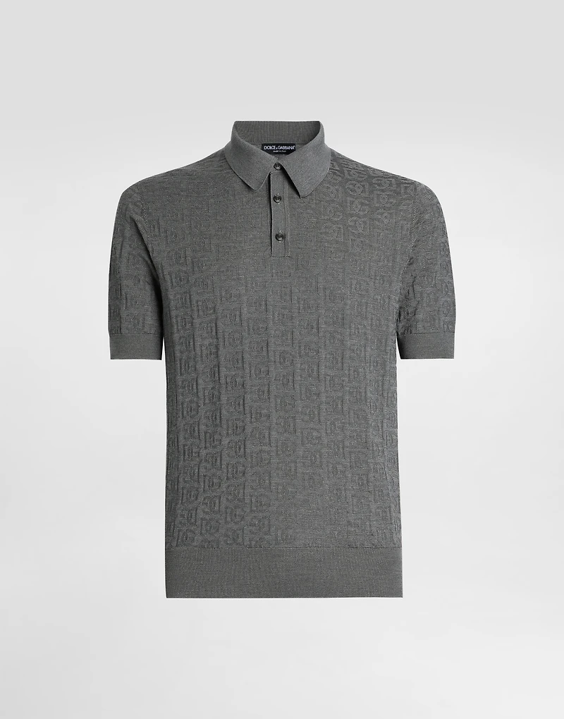 Silk polo-shirt with all-over DG logo embroidery