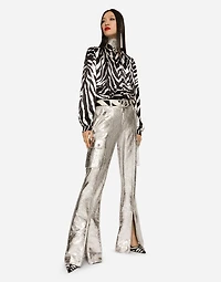 Zebra-print satin pussy-bow shirt