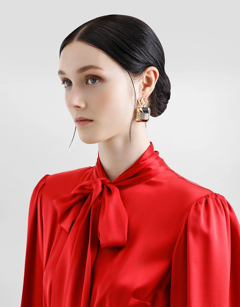 Silk satin shirt dress with pussy-bow