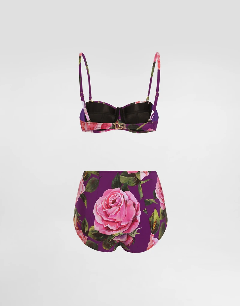 Rose-print balconette bikini top and high-waisted bottoms