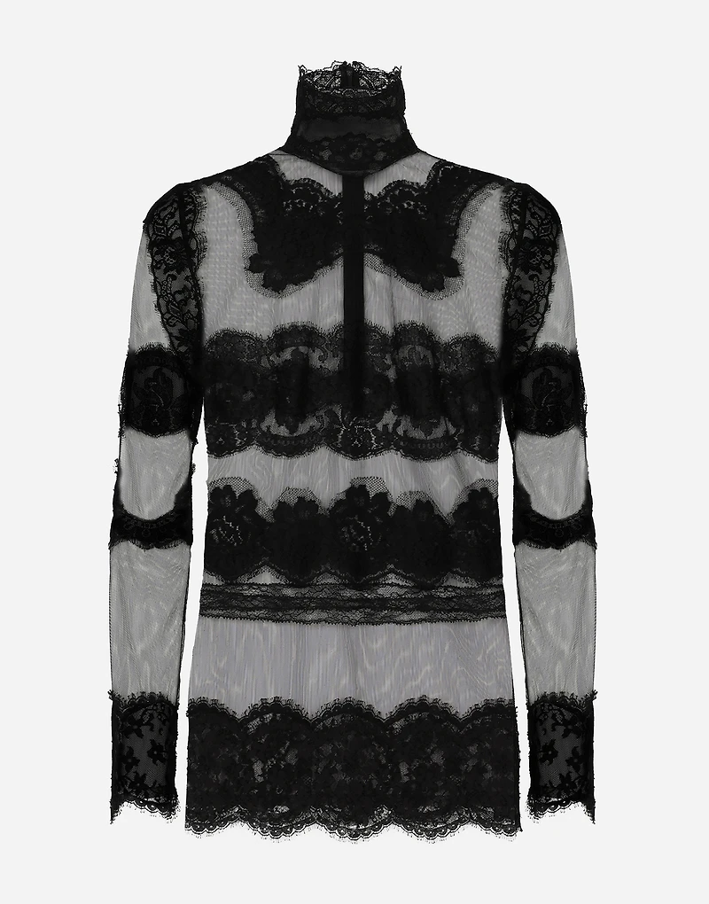 Tulle turtle-neck top with lace inserts