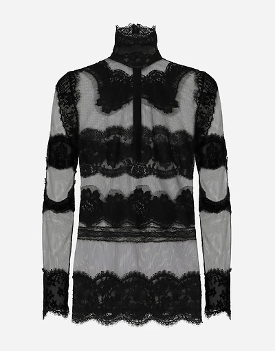 Tulle turtle-neck top with lace inserts
