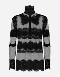 Tulle turtle-neck top with lace inserts