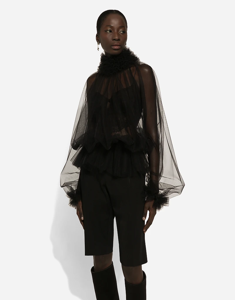 Tulle blouse with ruffles on the neck and cuffs