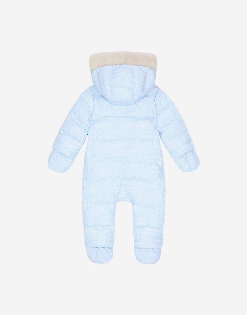 Padded quilted nylon snowsuit with all-over logo print