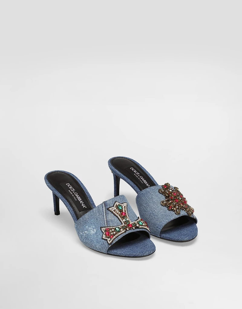 Denim sandals with patches and embroidery