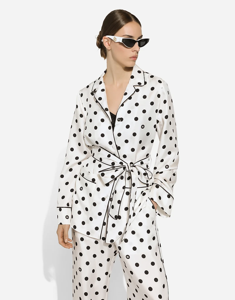Long-sleeved silk pajama shirt with polka-dot print