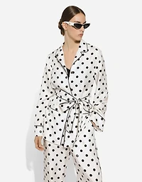 Long-sleeved silk pajama shirt with polka-dot print