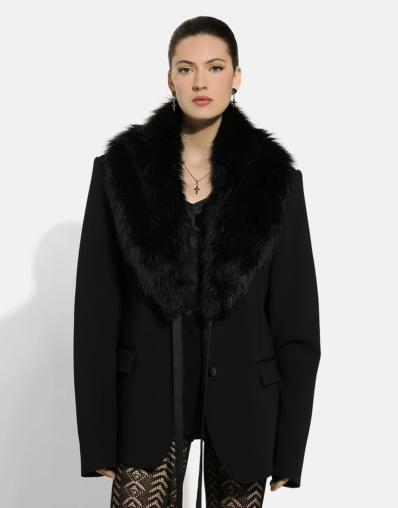 Wool jacket with faux fur collar