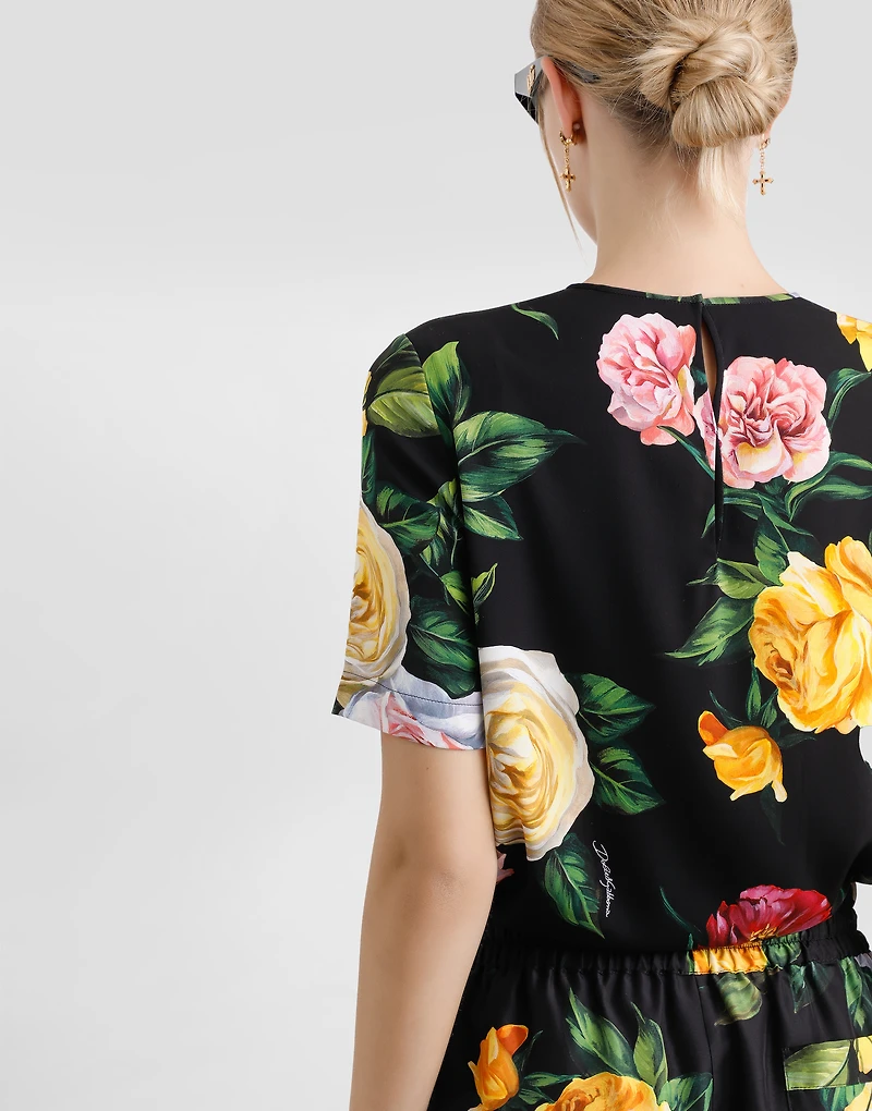 Silk charmeuse blouse with peony and rose print