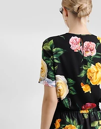 Silk charmeuse blouse with peony and rose print