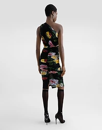 Tulle one-shoulder calf-length dress with peony and rose print